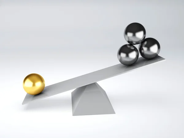 Gold and metal spheres in white seesaw. Balance concept — Stock Photo, Image