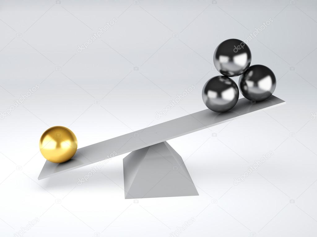 gold and metal spheres in white seesaw. Balance concept
