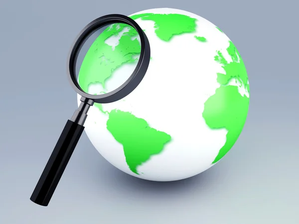 Green world and a magnifying glass 3d — Stock Photo, Image