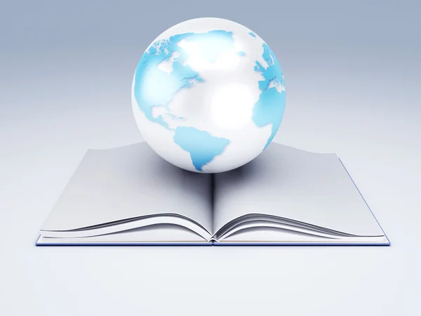 Açık bir kitap ve küre. bilgi kavramı — Stok fotoğraf