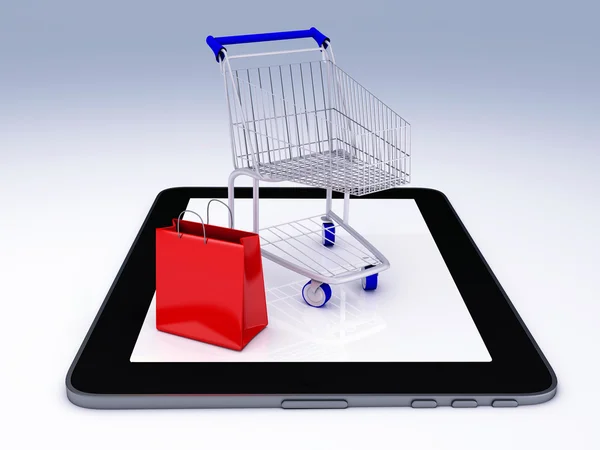 Shopping Cart over Tablet PC. E-commerce Concept. — Stock Photo, Image