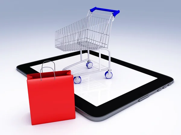 Shopping Cart over Tablet PC. E-commerce Concept. — Stock Photo, Image