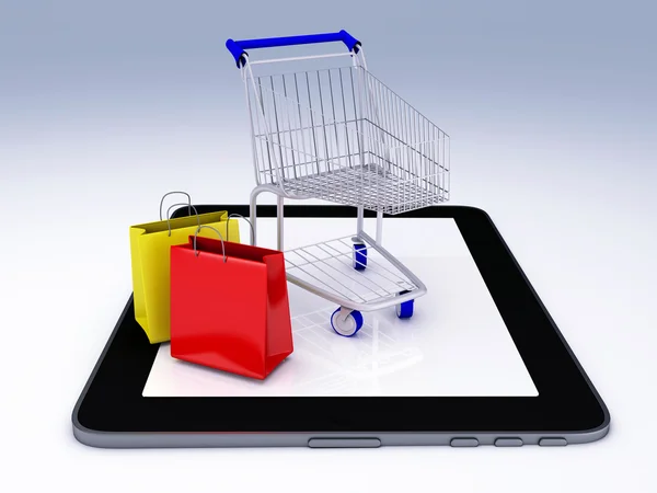 Shopping Cart over Tablet PC. E-commerce Concept. — Stock Photo, Image