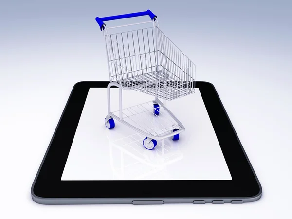 태블릿 pc 통해 쇼핑 카트입니다. 전자 상거래 개념. — 스톡 사진