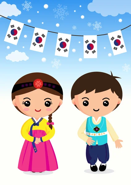 Coreano tradicional traje niños y niñas, dibujos animados, asiático — Vector de stock