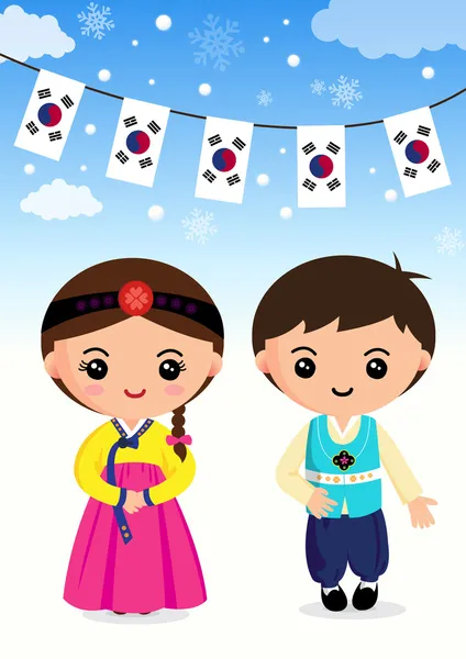 Korean traditional costum Boys and girls, cartoon, asian Stok Ilustrasi Bebas Royalti