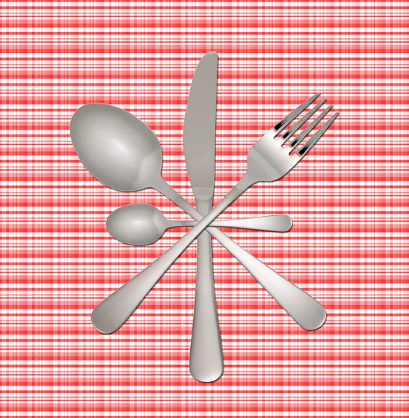 叉子小刀和汤勺上方格桌布 — 图库照片