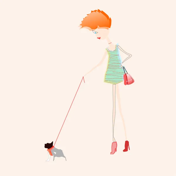Red hair girl with a red bag walking her bulldog — Stock Vector