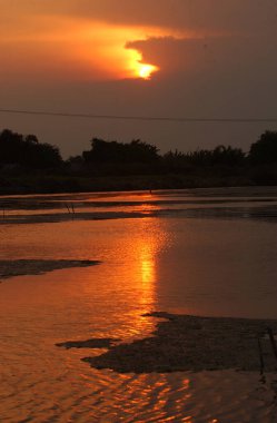 Tambaksegoro köyü, Sidoarjo, Endonezya çevresindeki göletin kenarında güzel bir günbatımı.