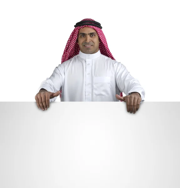 Arabian businessman showing blank signboard — Stock Photo, Image