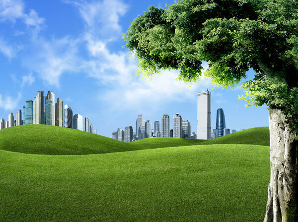 Landscape scene of nature against buildings