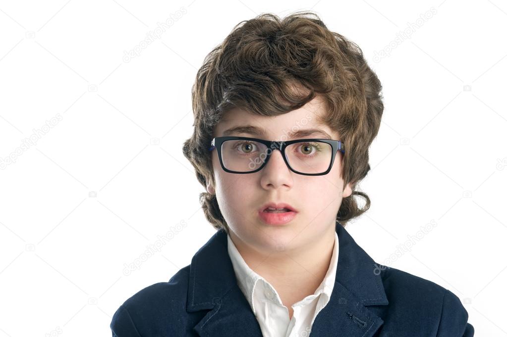 Serious nerd with glasses over white background