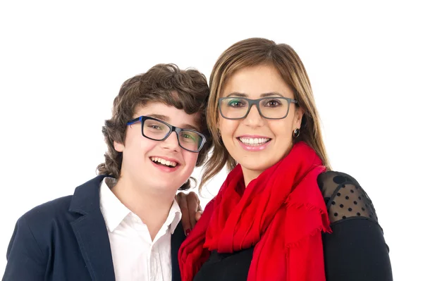 Photo de famille de Mère et Fils étreignant isolé sur fond blanc — Photo