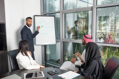 Stratejik pazarlama planı için ofiste çok ırklı iş adamları toplanıyor. Ofis çalışanları, girişimciler ve çok uluslu bir şirkette çalışan şirket çalışanları.