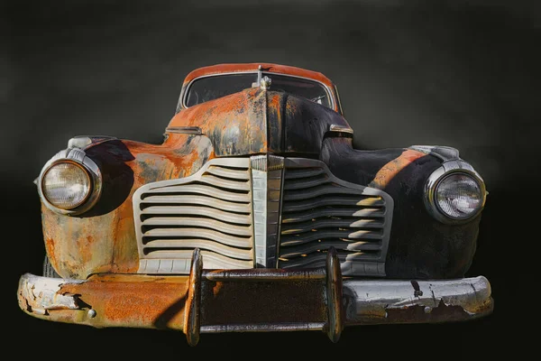 Rusted Out Antique Vehicle Isolated Black Fog — Stock Photo, Image