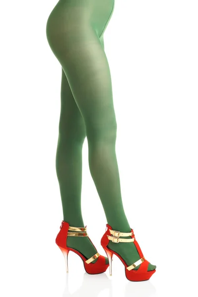 Tek Bacaklı Seksi Kadın Bacakları Yeşil Naylon Tayt Izole Edilmiş — Stok fotoğraf