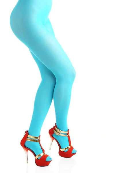 Zijaanzicht Van Sexy Vrouwelijke Voet Voet Met Lichtblauwe Nylon Maillot — Stockfoto
