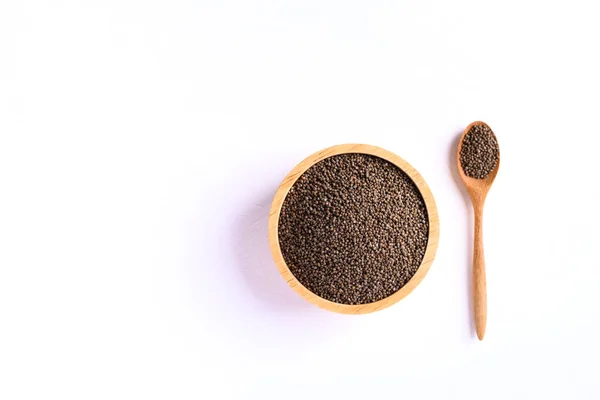 Perilla Zaden Een Houten Kom Lepel Witte Achtergrond Gezonde Plantaardige — Stockfoto