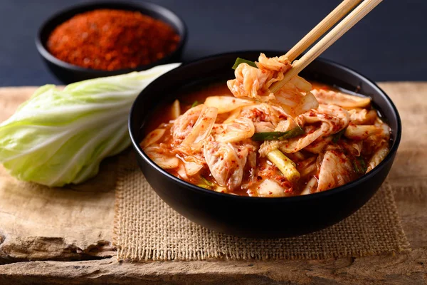Korean Kimchi Cabbage Bowl Eating Chopsticks Asian Fermented Food Still — Stock Photo, Image