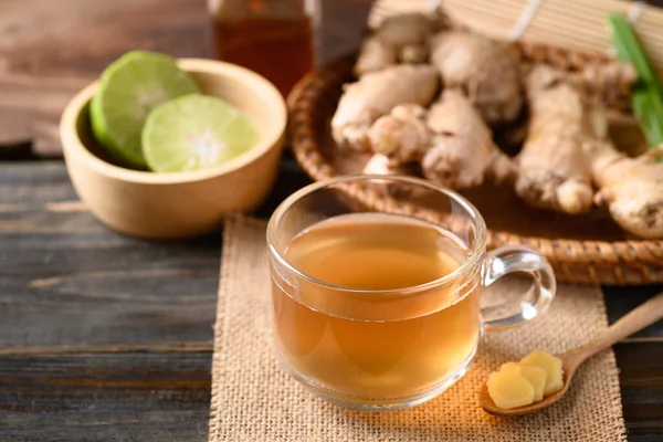 Ginger Tea Lime Honey Wooden Background Healthy Herbal Drink — Stock Photo, Image