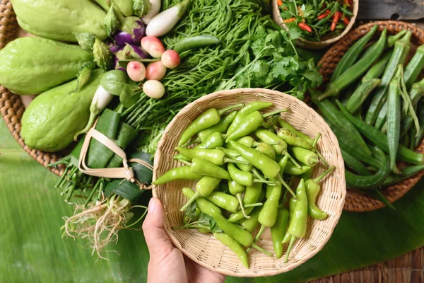 Fresh Green Organic Southeast Asian Vegetables Spices Local Farmer Market — Stock Photo, Image