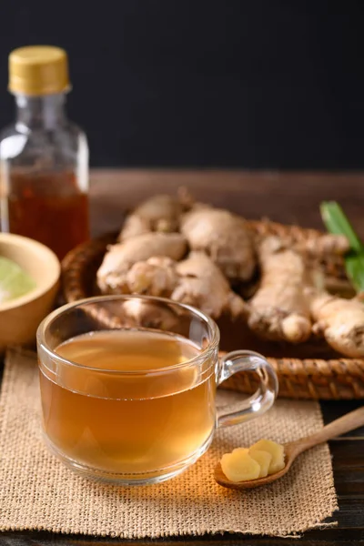 Ginger Tea Lime Honey Wooden Background Healthy Herbal Drink — Stockfoto