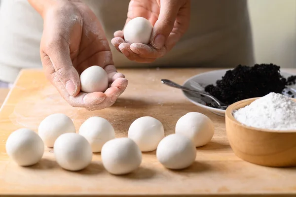 Hand Machen Tangyuan Chinesisches Dessert Aus Klebrigem Reismehl Und Mit — Stockfoto