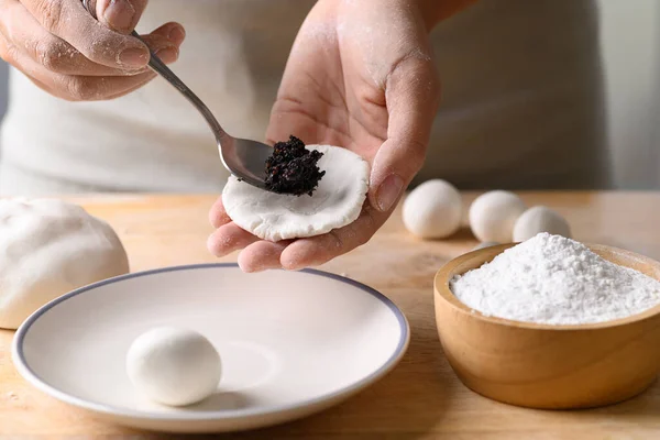 Hand Machen Tangyuan Chinesisches Dessert Aus Klebrigem Reismehl Und Mit — Stockfoto