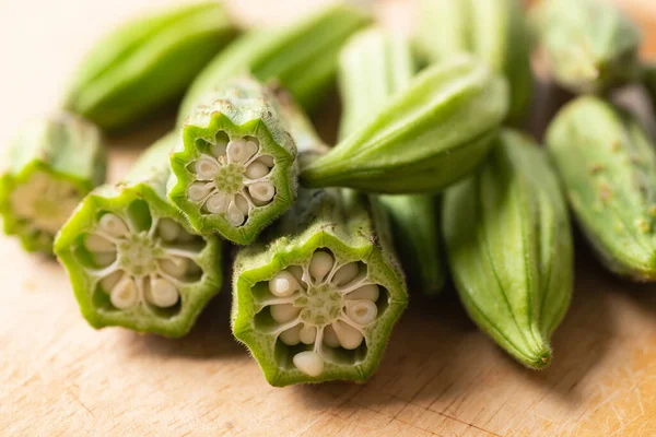 Dedos Verdes Quiabo Senhora Vagens Sementes Verdes Comestíveis Produtos Hortícolas — Fotografia de Stock