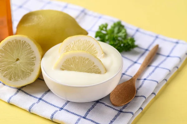 Jogurt Cytrynowy Misce Zdrowe Jedzenie Pielęgnacja Skóry Piękna — Zdjęcie stockowe