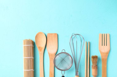 Kitchen utensil for cooking on color background, Flat lay