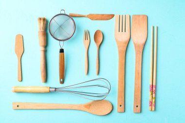 Kitchen utensil for cooking on color background, Flat lay