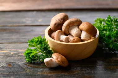 Taze Shiitake mantarı, yenilebilir mantar ve Asya mutfağında yemek malzemesi.