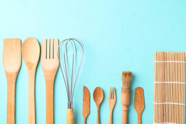 Kitchen utensil for cooking on color background, Flat lay