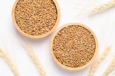 Tahta kasede tam buğday, beyaz arka plan, gıda malzemeleri, üst manzara.