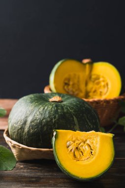 Green pumpkin on wooden background, Organic vegetable