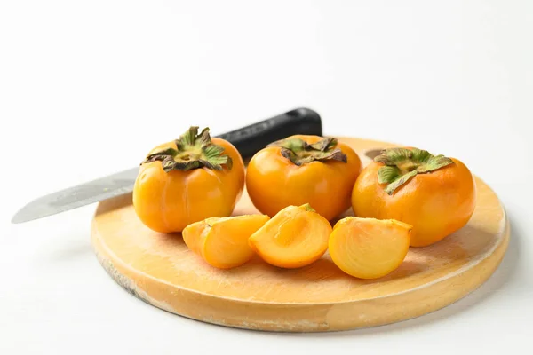 Sliced Ripe Persimmon Fruit Cutting Wooden Board White Background — Fotografia de Stock