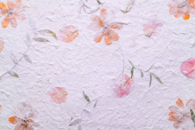 Mulberry paper sheet decorated with dry flower and leaf texture background