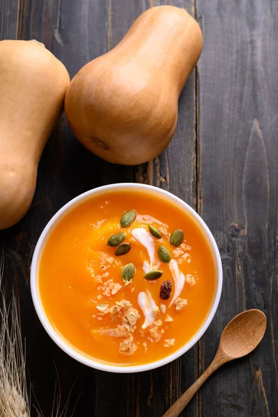 Butternut Squash Pumpkin Soup Bowl Wooden Background Homemade Food Autumn — Stock Photo, Image
