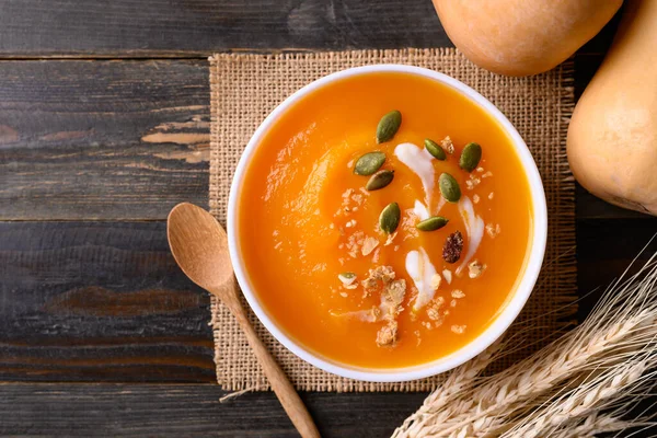 Butternut Squash Pumpkin Soup Bowl Wooden Background Homemade Food Autumn — Stock Photo, Image