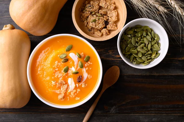 Butternut Squash Pumpkin Soup Bowl Wooden Background Homemade Food Autumn — Stock Photo, Image