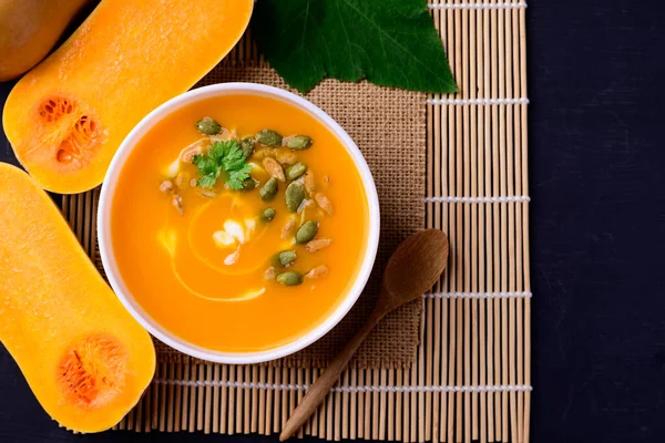 Butternut Squash Pumpkin Soup Bowl Homemade Food Autumn Season Top — Stock Photo, Image