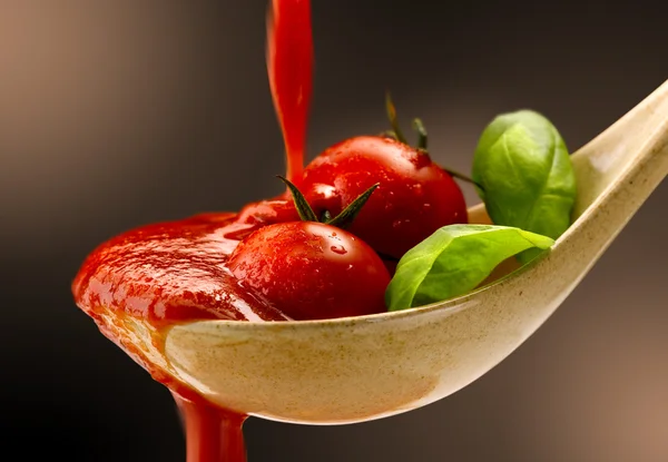 Pasta al basilico e salsa di pomodoro — Foto Stock