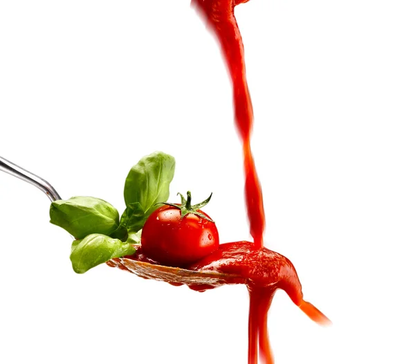 Basil pasta and tomato sauce on an isolated background — Stock Photo, Image