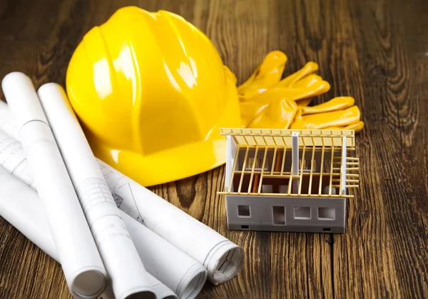 Building and construction equipment on blueprints — Stock Photo, Image