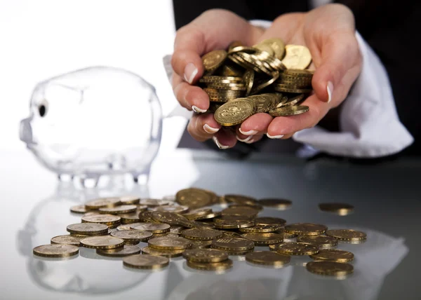 Banco de cerdo y moneda de mano de negocios — Foto de Stock