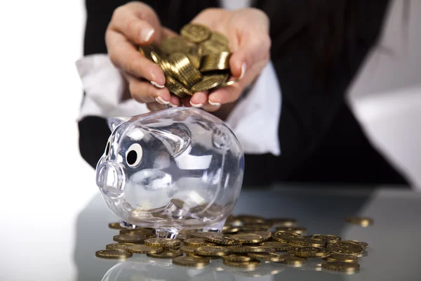 Banco de cerdo y moneda de mano de negocios — Foto de Stock