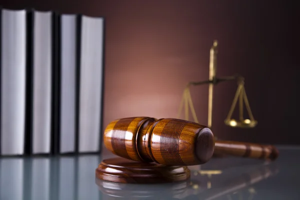 Golden scales of justice, gavel and books ,coins,hourglass — Stock Photo, Image