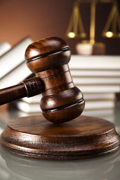 Wooden gavel and book, Statue of Lady Justice, hourglass — Stock Photo, Image