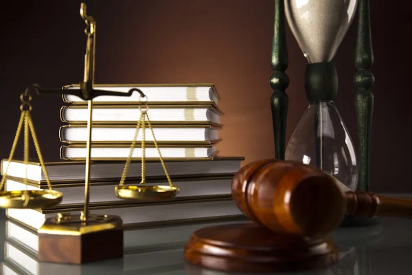 Golden scales of justice, gavel and books ,coins,Legal hourglass — Stock Photo, Image